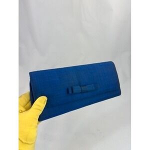 1960s Blue Clutch Purse Structured Fabric Bow Mid Century Minimalist Vintage bag